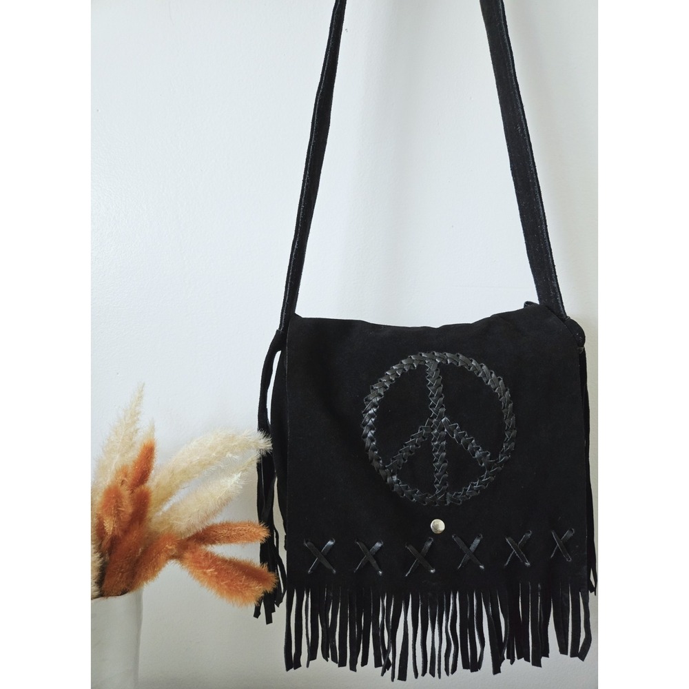 Dream Apparel Black Suede Leather Biker Bag Peace Sign Boho Crossbody Fringe - Picture 9 of 9